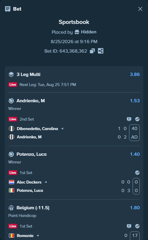 Bet slip: Dibenedetto, Carolina - Andrienko, M, $20,000.00 stake at 1.53 odds, placed by Hidden