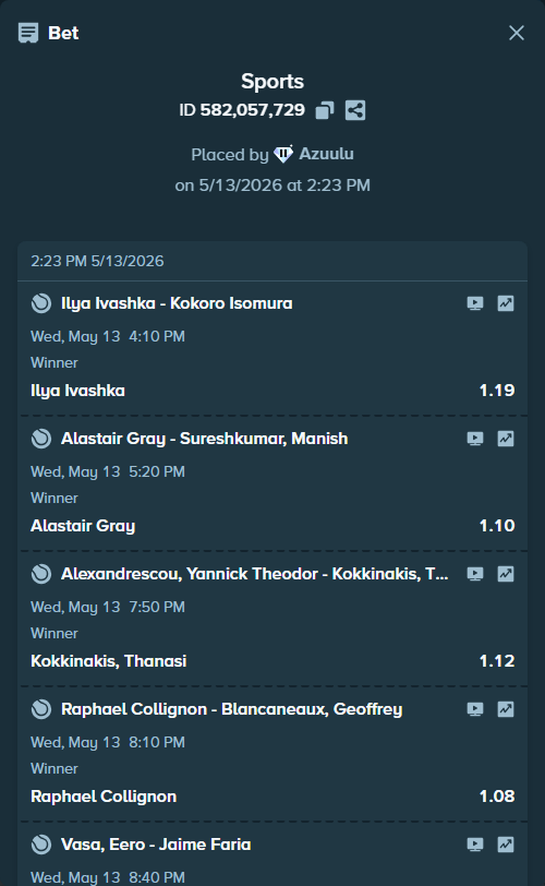 Bet slip: Dickerson, Ryan - Kicker, Nicolas, $100,140.87 stake at 1.15 odds, placed by Azuulu