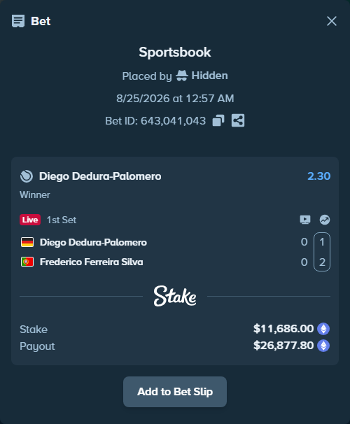 Bet slip: Diego Dedura-Palomero - Frederico Ferreira Silva, $11,524.18 stake at 2.30 odds, placed by Hidden