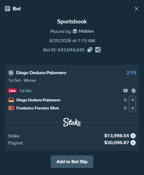 Bet slip: Diego Dedura-Palomero - Frederico Ferreira Silva, $13,800.01 stake at 2.15 odds, placed by Hidden
