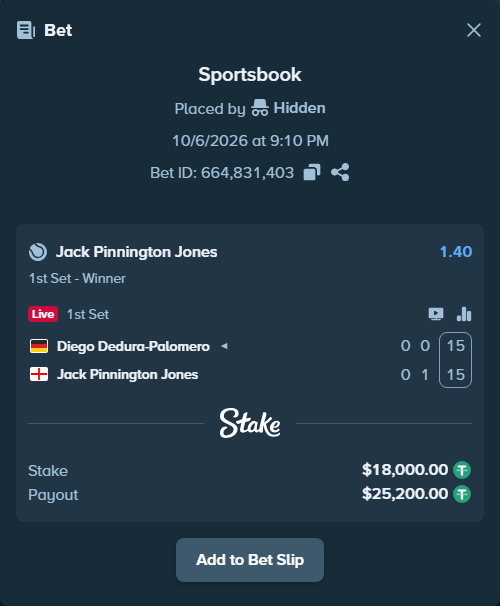 Bet slip: Diego Dedura-Palomero - Jack Pinnington Jones, $18,000.00 stake at 1.40 odds, placed by Hidden