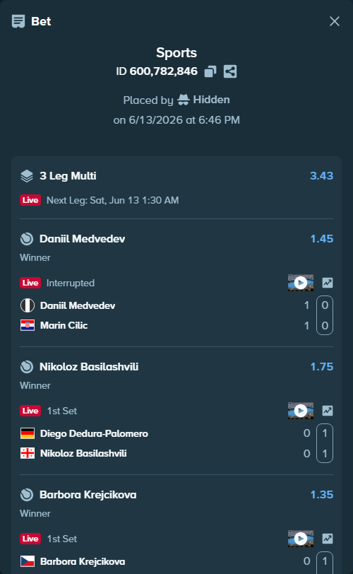 Bet slip: Diego Dedura-Palomero - Nikoloz Basilashvili, $51,333.00 stake at 1.75 odds, placed by Hidden