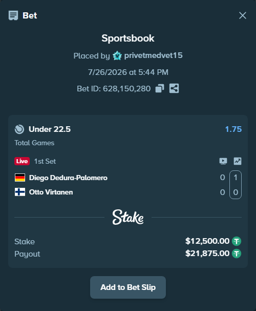 Bet slip: Diego Dedura-Palomero - Otto Virtanen, $12,512.50 stake at 1.75 odds, placed by privetmedvet15