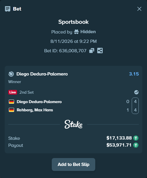 Bet slip: Diego Dedura-Palomero - Rehberg, Max Hans, $17,151.01 stake at 3.15 odds, placed by Hidden