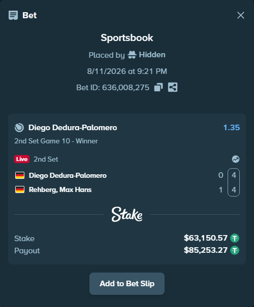 Bet slip: Diego Dedura-Palomero - Rehberg, Max Hans, $63,213.72 stake at 1.35 odds, placed by Hidden
