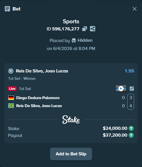 Bet slip: Diego Dedura-Palomero - Reis Da Silva, Joao Lucas, $24,024.00 stake at 1.55 odds, placed by Hidden