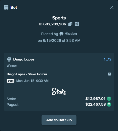 Bet slip: Diego Lopes - Steve Garcia, $13,000.00 stake at 1.73 odds, placed by Hidden
