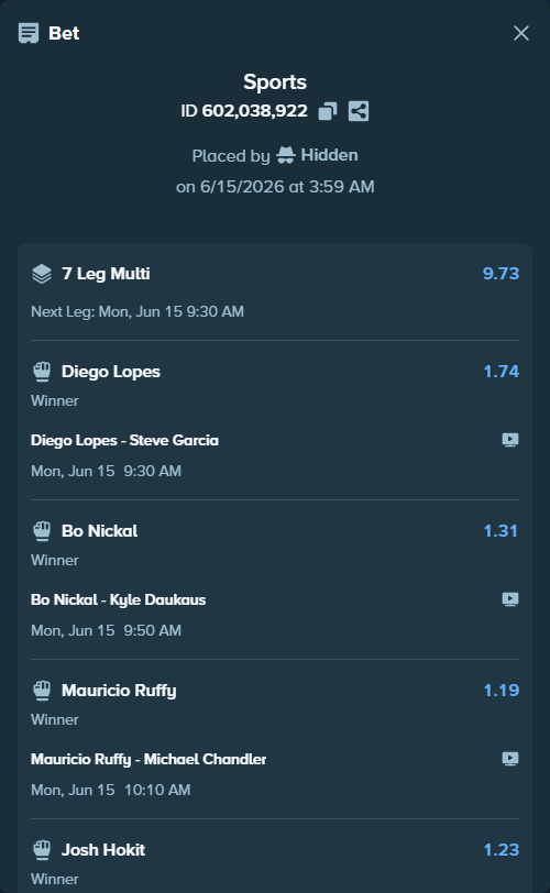 Bet slip: Diego Lopes - Steve Garcia, $20,020.00 stake at 1.74 odds, placed by Hidden
