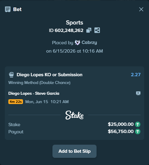 Bet slip: Diego Lopes - Steve Garcia, $25,025.00 stake at 2.27 odds, placed by Cabrzy