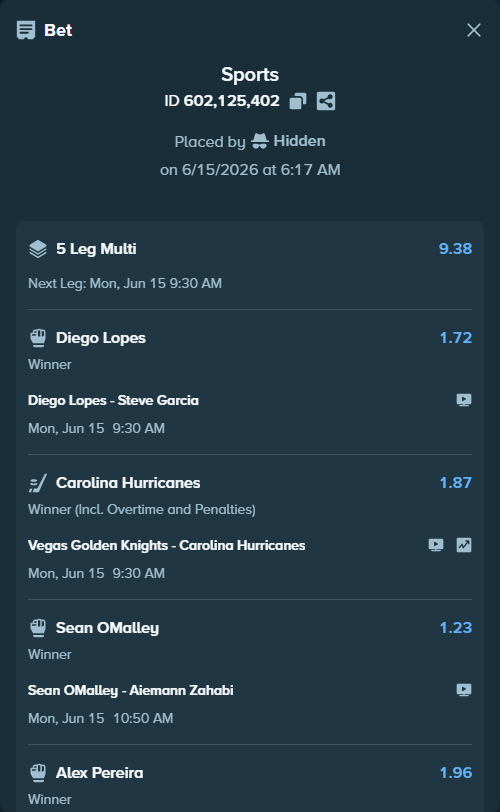 Bet slip: Diego Lopes - Steve Garcia, $37,821.36 stake at 1.72 odds, placed by Hidden