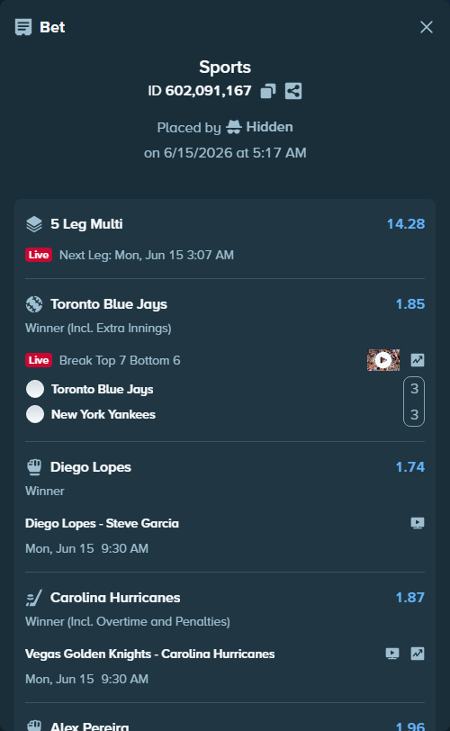 Bet slip: Diego Lopes - Steve Garcia, $38,521.36 stake at 1.74 odds, placed by Hidden