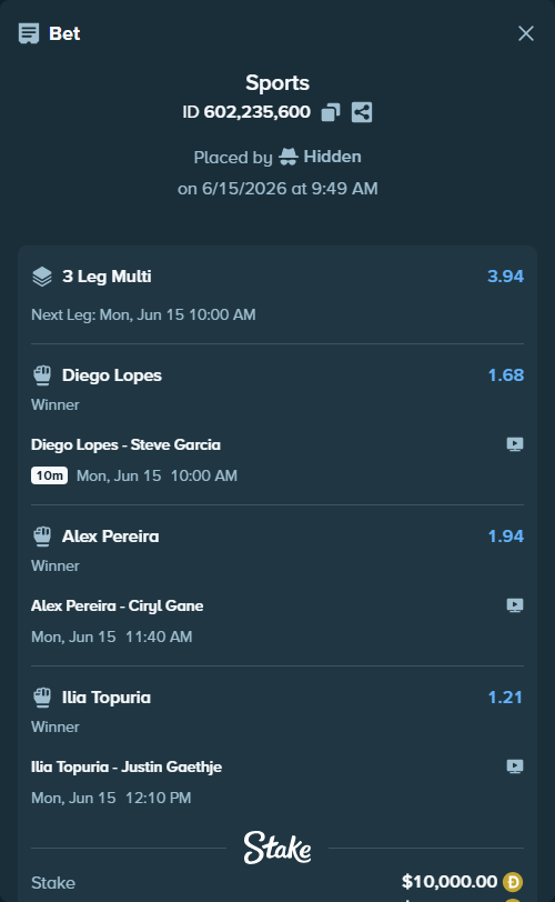 Bet slip: Diego Lopes - Steve Garcia, $9,408.98 stake at 1.68 odds, placed by Hidden