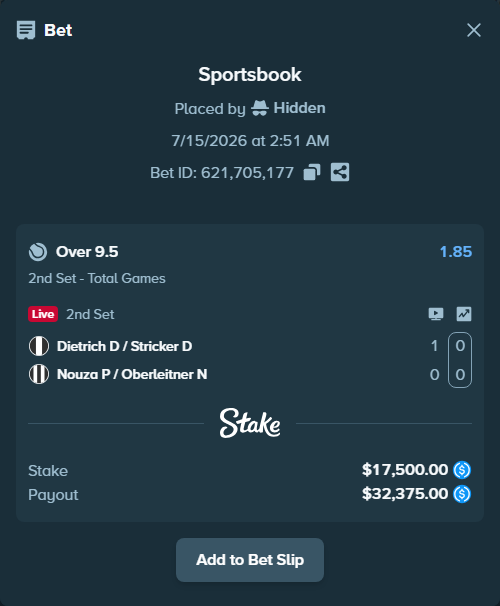 Bet slip: Dietrich D / Stricker D - Nouza P / Oberleitner N, $17,500.00 stake at 1.85 odds, placed by Hidden
