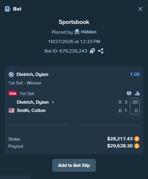 Bet slip: Dietrich, Dylan - Colton Smith, $28,100.21 stake at 1.05 odds, placed by Hidden