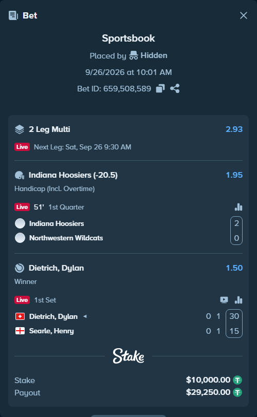 Bet slip: Dietrich, Dylan - Searle, Henry, $10,000.00 stake at 1.50 odds, placed by Hidden
