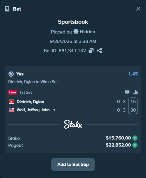 Bet slip: Dietrich, Dylan - Wolf, Jeffrey John, $15,760.00 stake at 1.45 odds, placed by Hidden