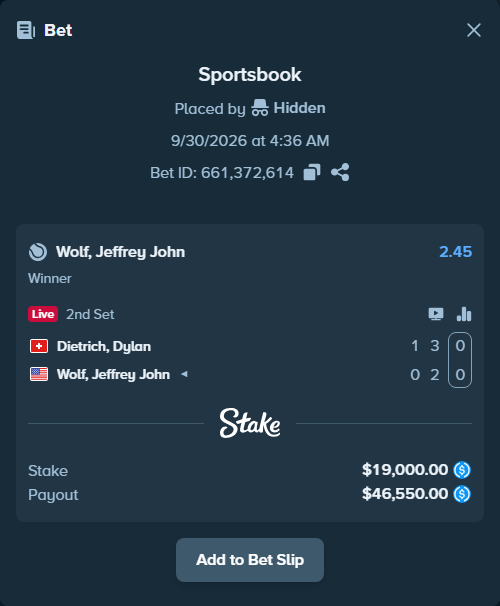 Bet slip: Dietrich, Dylan - Wolf, Jeffrey John, $19,000.00 stake at 2.45 odds, placed by Hidden