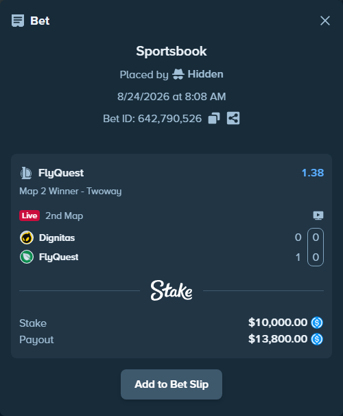 Bet slip: Dignitas - FlyQuest, $10,000.00 stake at 1.38 odds, placed by Hidden
