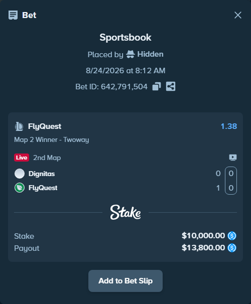 Bet slip: Dignitas - FlyQuest, $10,000.00 stake at 1.38 odds, placed by Hidden