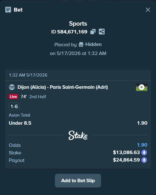 Bet slip: Dijon (Alicia) - Paris Saint-Germain (Adri), $10,402.94 stake at 1.90 odds, placed by Hidden
