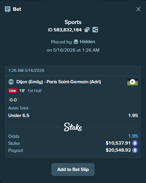 Bet slip: Dijon (Emily) - Paris Saint-Germain (Adri), $8,238.03 stake at 1.95 odds, placed by Hidden