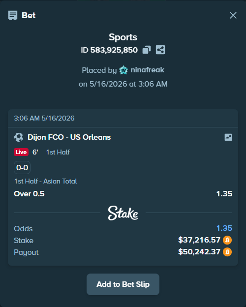 Bet slip: Dijon FCO - US Orleans, $30,211.26 stake at 1.35 odds, placed by ninafreak