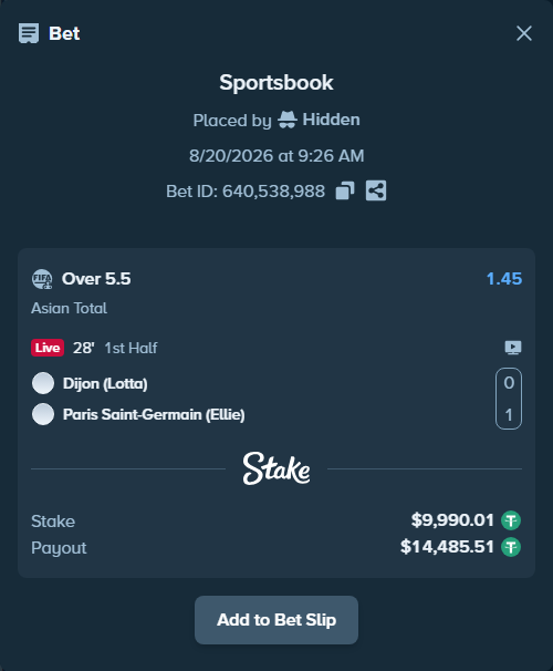 Bet slip: Dijon (Lotta) - Paris Saint-Germain (Ellie), $10,000.00 stake at 1.45 odds, placed by Hidden