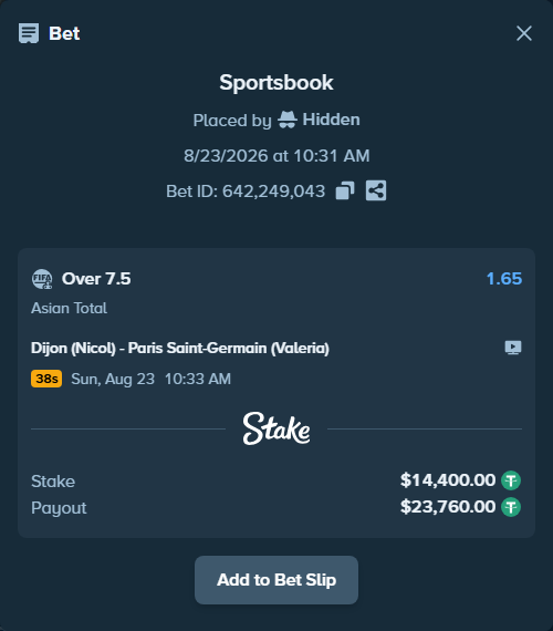 Bet slip: Dijon (Nicol) - Paris Saint-Germain (Valeria), $14,400.00 stake at 1.65 odds, placed by Hidden