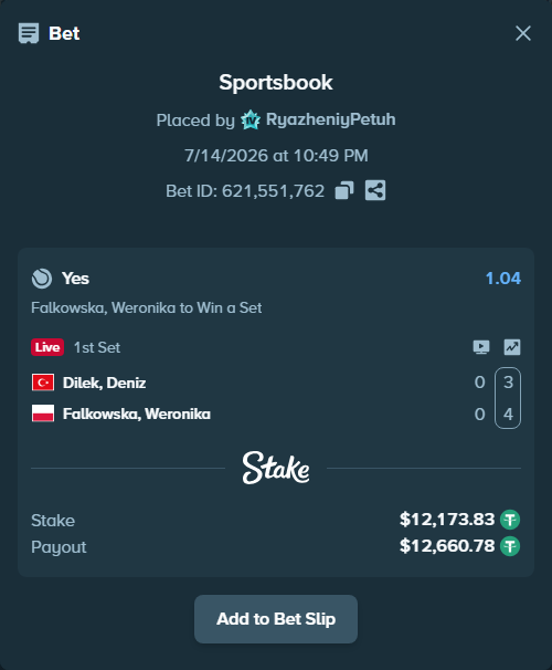 Bet slip: Dilek, Deniz - Falkowska, Weronika, $12,186.00 stake at 1.04 odds, placed by RyazheniyPetuh