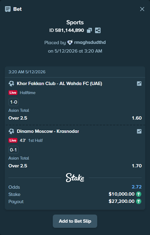Bet slip: Dinamo Moscow - Krasnodar, $10,000.00 stake at 1.70 odds, placed by rmaghsdudthd