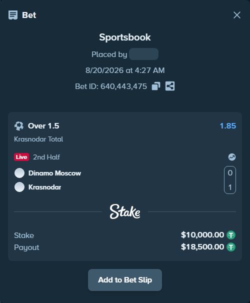 Bet slip: Dinamo Moscow - Krasnodar, $10,000.00 stake at 1.85 odds, placed by tlwns4736
