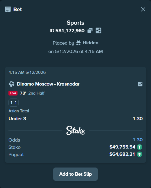 Bet slip: Dinamo Moscow - Krasnodar, $49,755.54 stake at 1.30 odds, placed by Hidden