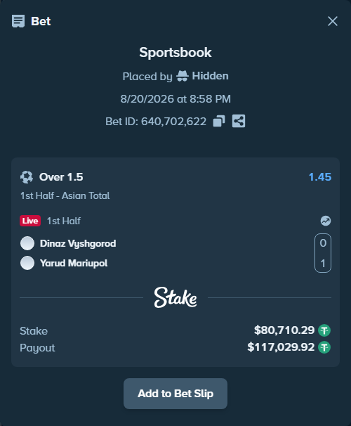 Bet slip: Dinaz Vyshgorod - FSK Mariupol, $80,791.00 stake at 1.45 odds, placed by Hidden