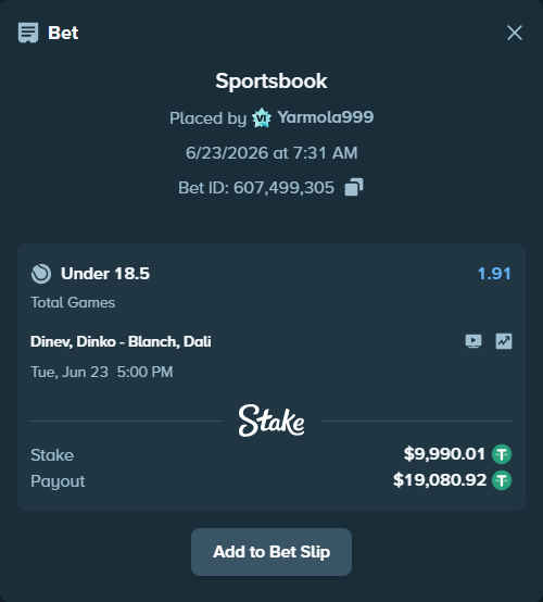 Bet slip: Dinev, Dinko - Blanch, Dali, $10,000.00 stake at 1.91 odds, placed by Yarmola999