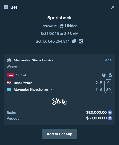 Bet slip: Dino Prizmic - Alexander Shevchenko, $19,283.86 stake at 3.15 odds, placed by Hidden