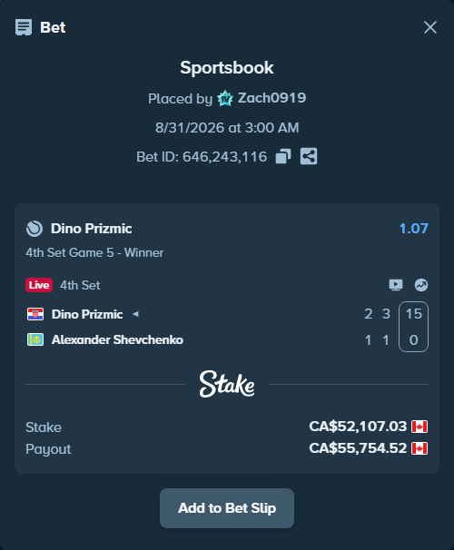 Bet slip: Dino Prizmic - Alexander Shevchenko, $38,559.20 stake at 1.07 odds, placed by Zach0919