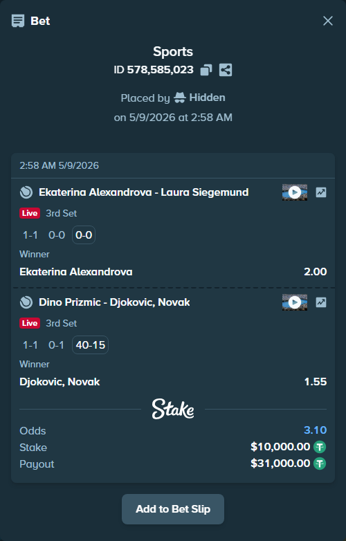 Bet slip: Dino Prizmic - Djokovic, Novak, $10,000.00 stake at 1.55 odds, placed by Hidden
