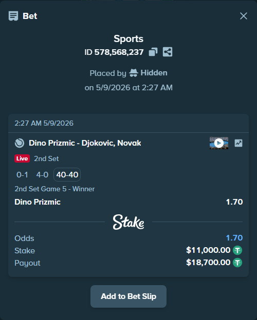 Bet slip: Dino Prizmic - Djokovic, Novak, $11,000.00 stake at 1.70 odds, placed by Hidden