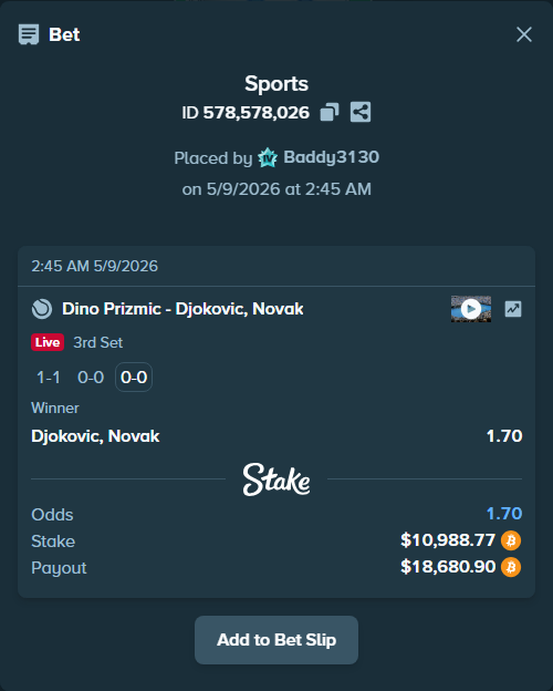 Bet slip: Dino Prizmic - Djokovic, Novak, $8,843.88 stake at 1.70 odds, placed by Baddy3130