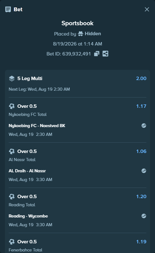 Bet slip: Diriyah Club - Al Nassr, $10,091.73 stake at 1.06 odds, placed by Hidden