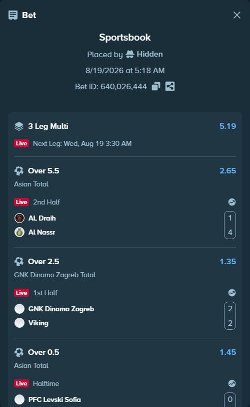 Bet slip: Diriyah Club - Al Nassr, $20,020.00 stake at 2.65 odds, placed by Hidden