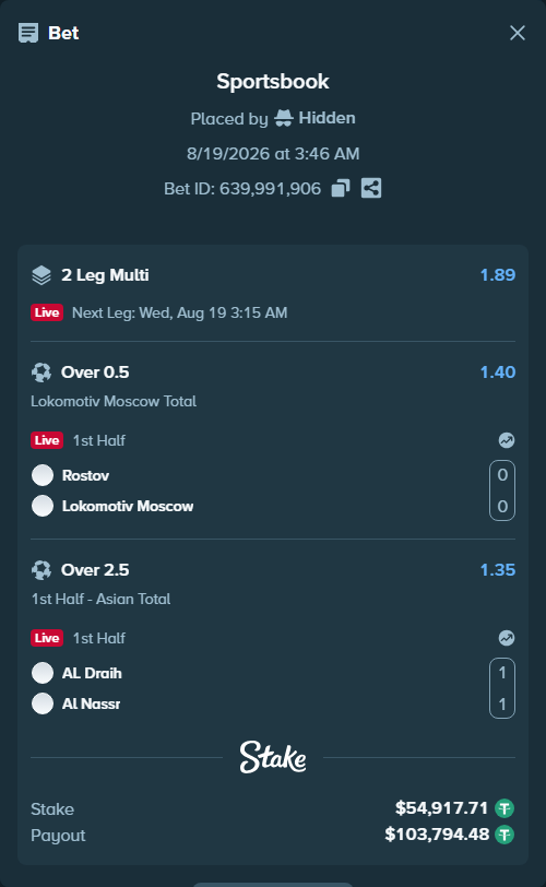 Bet slip: Diriyah Club - Al Nassr, $54,972.63 stake at 1.35 odds, placed by Hidden