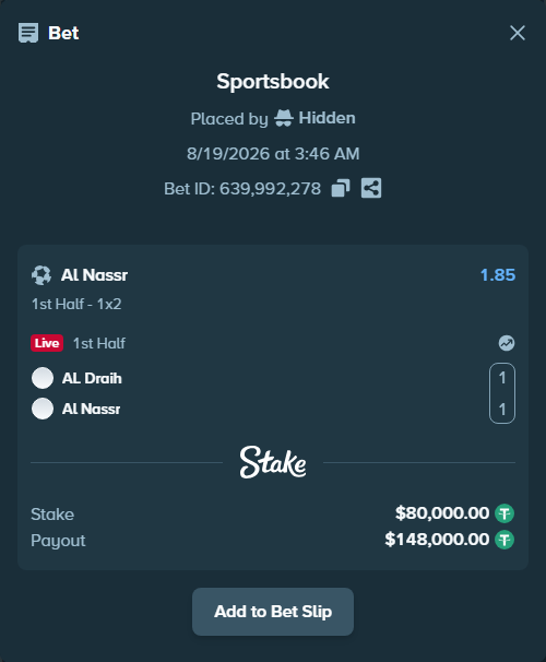 Bet slip: Diriyah Club - Al Nassr, $80,080.00 stake at 1.85 odds, placed by Hidden