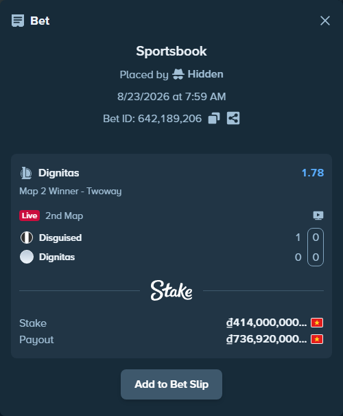 Bet slip: Disguised - Dignitas, $16,560.00 stake at 1.78 odds, placed by Hidden