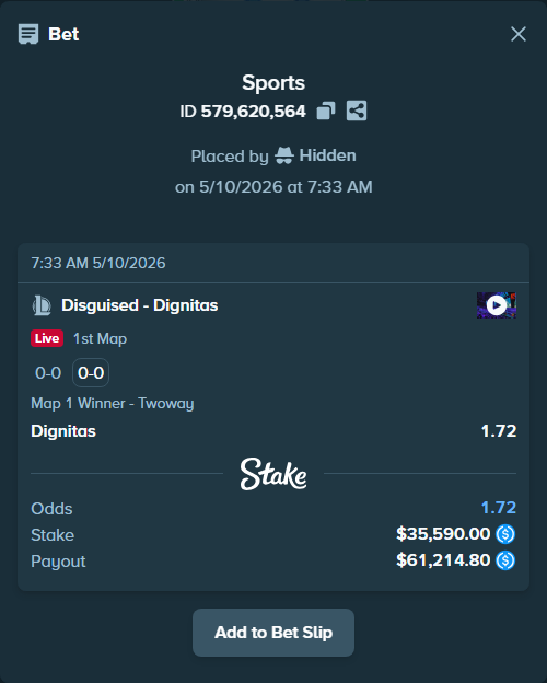 Bet slip: Disguised - Dignitas, $35,590.00 stake at 1.72 odds, placed by Hidden