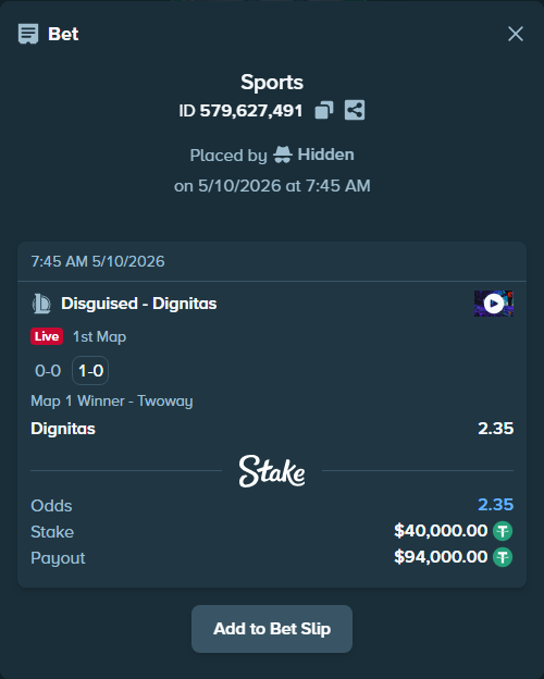 Bet slip: Disguised - Dignitas, $40,000.00 stake at 2.35 odds, placed by Hidden