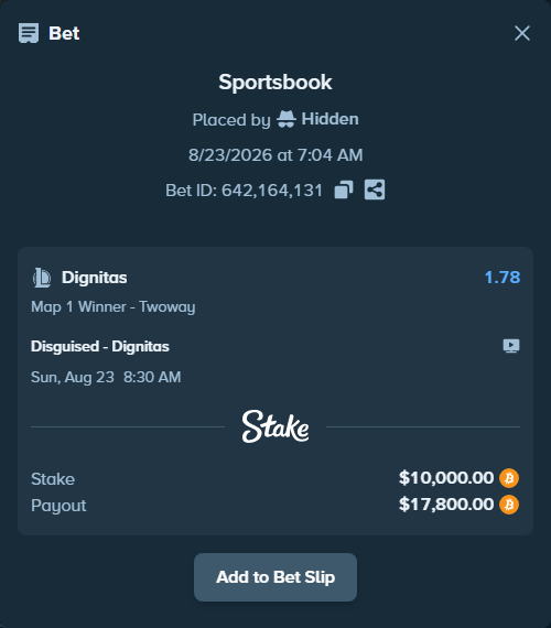 Bet slip: Disguised - Dignitas, $9,980.54 stake at 1.78 odds, placed by Hidden