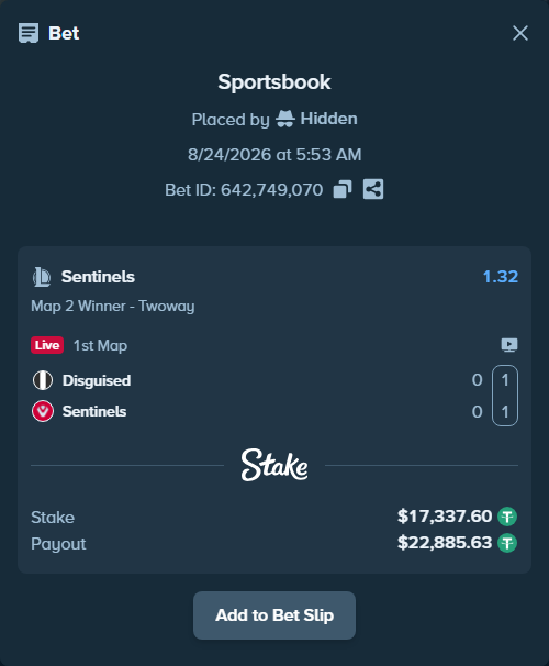 Bet slip: Disguised - Sentinels, $17,335.86 stake at 1.32 odds, placed by Hidden