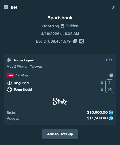 Bet slip: Disguised - Team Liquid, $10,000.00 stake at 1.15 odds, placed by Hidden
