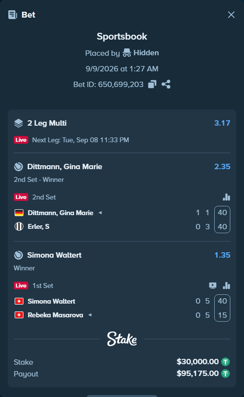 Bet slip: Dittmann, Gina Marie - Erler, S, $30,000.00 stake at 2.35 odds, placed by Hidden